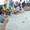 Participants in the hatchling release program excitedly cheer on their hatchlings as they take their first steps toward the sea