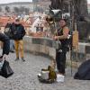 A street performer playing a strange instrument