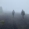 Hiking through a cloud in the mountains