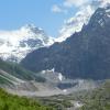 This moraine of glacial rocks at the end of the valley shows the power of ice and glacier to move rocks and debris down mountains and valleys