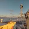 The RV Investigator is a 300-foot-long ship designed for ocean research. You can see the mast at the front of the ship which holds some of the atmospheric instruments that measure wind speed, air temperature, and precipitation amount