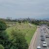 View from walls of Suwon - busy street, greenery and people flying kites