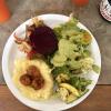 This meal was from Finca San Luis and everything was organic & grown there! We had mashed potatoes with baked tomatoes, salad and fresh veggies with pesto, beet slices, and chicken (hidden under the beets)