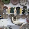 A cat laying next to unique handmade dishes in the Essaouria "medina"