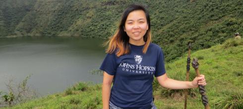 The crater lake at Mount Bisoke's summit