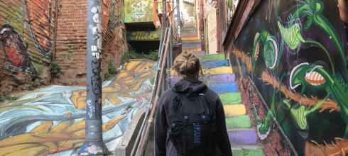 Valparaíso is famous for its crazy street art. Here Izzy is going up one of the many beautiful staircases that crisscross the city.