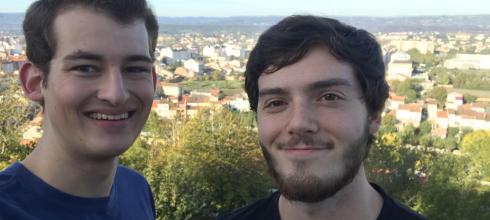 This is a picture my friend Alden and I took with the center of the town of Monforte de Lemos behind and below us.  We were halfway up to the top of the hill where the Torre del Homenaje is.