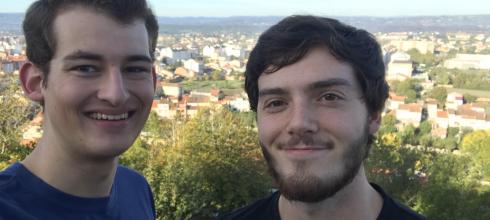 This is a picture my friend Alden and I took with the center of the town of Monforte de Lemos behind and below us.  We were halfway up to the top of the hill where the Torre del Homenaje is.