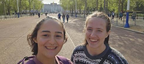 My friend Claire and I taking a picture on the road leading up to Buckingham Palace.