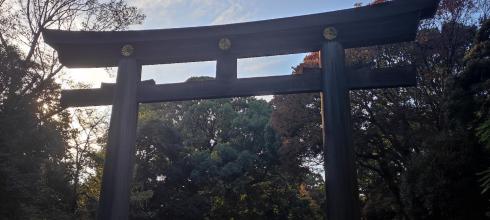This is a wooden torii gate at Meiji Jingu. Torii gates mark the entrance to a Shinto shrine and symbolize the boundary between the everyday world and the sacred space.