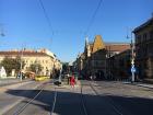 A picture of the tram lines and the main street outside of Corvinus University-- Adam walks by here everyday