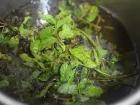 Preparation stage: mint leaves boiling in hot water 