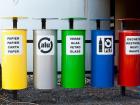 Recycling bins at a train station