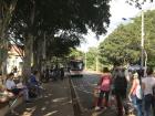 At this meeting place, people can choose to use either the bus or a ride-share