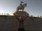 Goofing around at the giant statue of Chinggis Khaan!