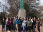 Posing with a college mascot on a field trip!