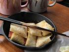 A breakfast plate with eggs wrapped in a tortilla, a traditional Taiwanese omelette, from a restaurant where I'm now a regular!