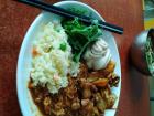 A meal I had at the teachers' cafeteria this week - the bun in the top left corner is Baozi