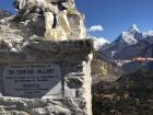 The memorial for Hillary with the other two for his wife and daughter off to the left and a view of Ama Dablam in the background 