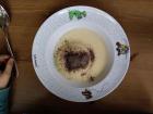 Germknödel for lunch, made of yeast dumpling with vanilla sauce, sugar and poppy seeds