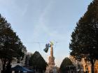 The commercial plaza is being decorated for Christmas