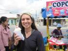 Enjoying a banana flavored icy treat outside of the Basilica