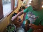 Josh cooking the lima beans and the corn 