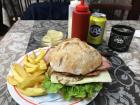 This burger was on a ciabatta bun; Kas is a lemon soda that is popular here