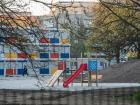 A view of the playground on the refugee complex