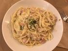 My first night in Barcelona, I ordered Carbonara, a delicious pasta dish with bacon, cream, onions and more.