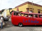 A giant tour bus shaped like a chili pepper in the city of Tequila, where the alcohol is made