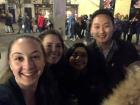 Waiting in a long line to get into Puerta del Sol with friends Zoe, Geraldina and Sam