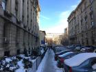 Dozens and dozens of cars line the snowy walkway to our apartment building.