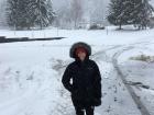 Kelly braving the snowy alpine climate of  Brâncoveanu Monastery
