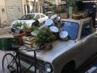 This truck parks on one of the market streets filled with plants