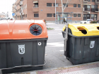 Color-coded recycling bins in the streets of Madrid