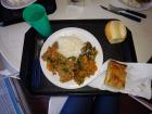 A meal at the CeRP cafeteria: beef, vegetables and rice, with bread and a piece of cake for dessert