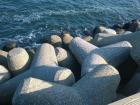 These are some of the concrete stars used to defuse large waves from crashing over the wall