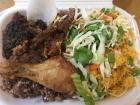 Waakye with shito sauce, gari and a side salad