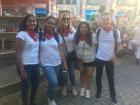 In front of the barriers that mark the route of the running of the bulls through the city