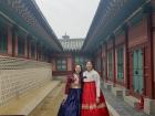 Wearing traditional hanboks in Gyeongbokgung Palace