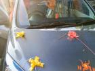 A garland of marigolds is placed in the car