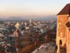 The snow-capped peaks of the Julian Alps can be seen from the Ljubljana Castle, even in the summertime