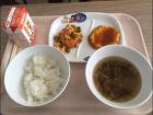 My first grade school lunch in Japan—mabo tofu and a soup with egg, crab, and coy
