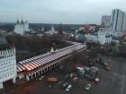 A drone shot of Izmailovo, a large market in Moscow inside of a castle