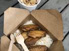 Chicken and rice from a food truck on campus, with bean curd in the cup on the side