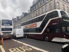 Double-decker buses are a common sight in Edinburgh