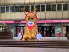 Christmas reindeer lit up in a town square