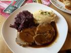 A classic German dinner (pork, red cabbage, and mashed potatoes)
