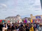 Lots of festive things thrown in the air--and the Kosovo flag on the side